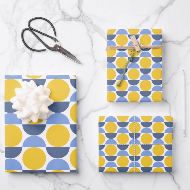 Hoja De Papel De Regalo Formas geométricas modernas de azul y amarillo (Anverso)