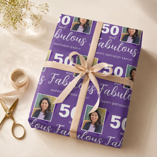 Hoja De Papel De Regalo Foto de cumpleaños 50 morado y fabuloso