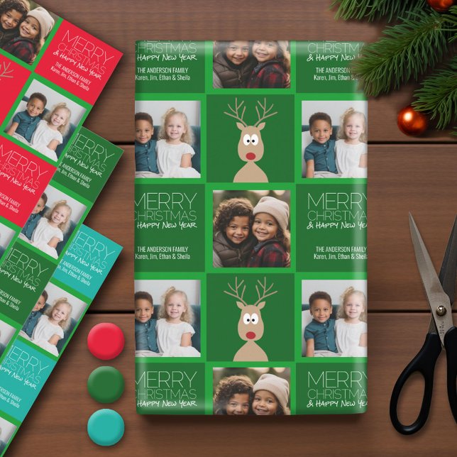 Hoja De Papel De Regalo Foto de reno Personalizado con Feliz Navidad (Photo Wrapping Paper - Holiday and Christmas Theme)