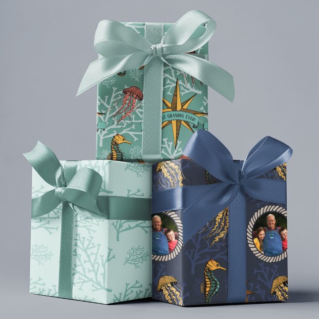 Hoja De Papel De Regalo Foto personalizado Mejor Abuelo de Vida Náutica (Nautical Ocean Animals Hand-drawn Sea Life and Coral in black ink. Upload a photo & cutomize text!
)