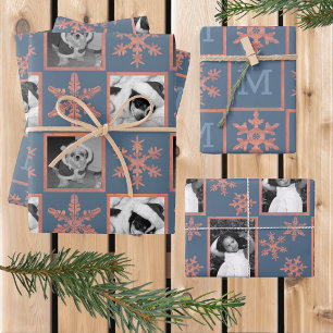 Hoja De Papel De Regalo Fotografía en monograma de Snowflake azul ruso mod