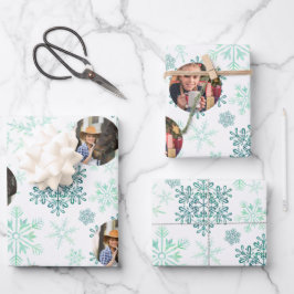 Hoja De Papel De Regalo Fotografía personalizado Green Snowflakes Set de 3