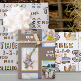 Hoja De Papel De Regalo Fotos de cumpleaños y tema de granja de tres en e-
