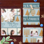 Hoja De Papel De Regalo Fotos de Hanukkah de los Navidades Blue Merry Gold<br><div class="desc">Crea tu propio surtido de hojas de papel de envoltura de fotos de vacaciones con este divertido pero elegante tema de oro falso y azul Feliz Feliz Todo. Este paquete de variedad de envolturas de regalo personalizado de vacaciones interreligiosas incluye dos sábanas con tus fotos y una hoja con un...</div>