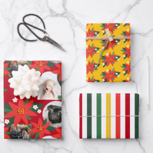Hoja De Papel De Regalo Fotos de poinsettia rojas en negrita en franjas na
