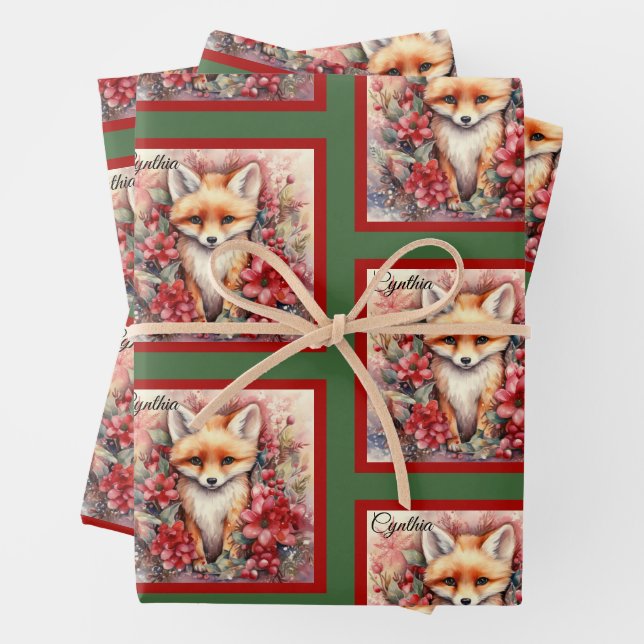 Hoja De Papel De Regalo Fox Cute Navidades Añadir Nombre Floral (In situ)