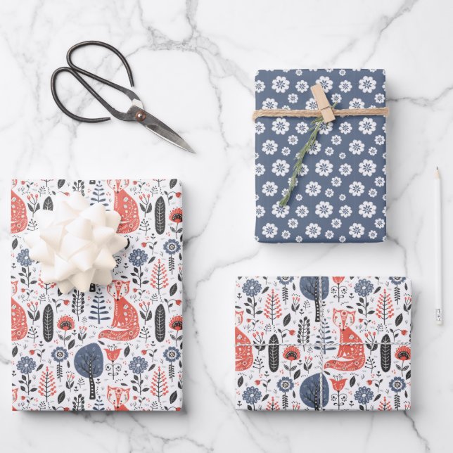 Hoja De Papel De Regalo Fox de Arte Popular Nórdico (Anverso)