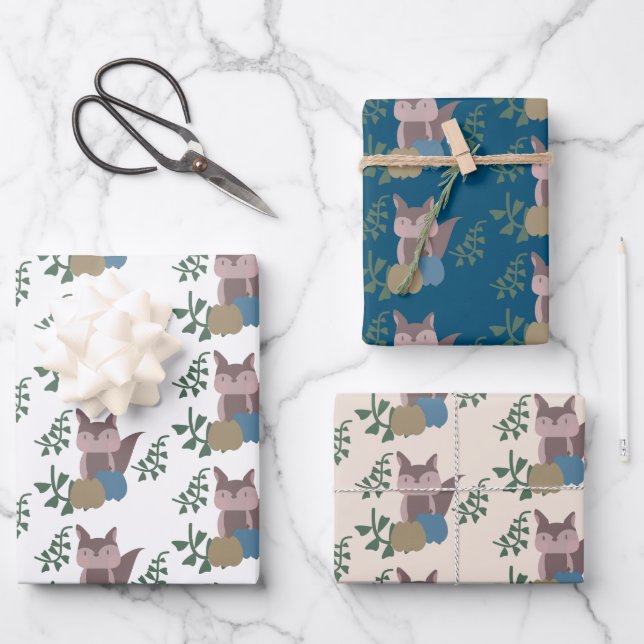 Hoja De Papel De Regalo Fox Fall Pumpkins Blue Beige Boho (Anverso)
