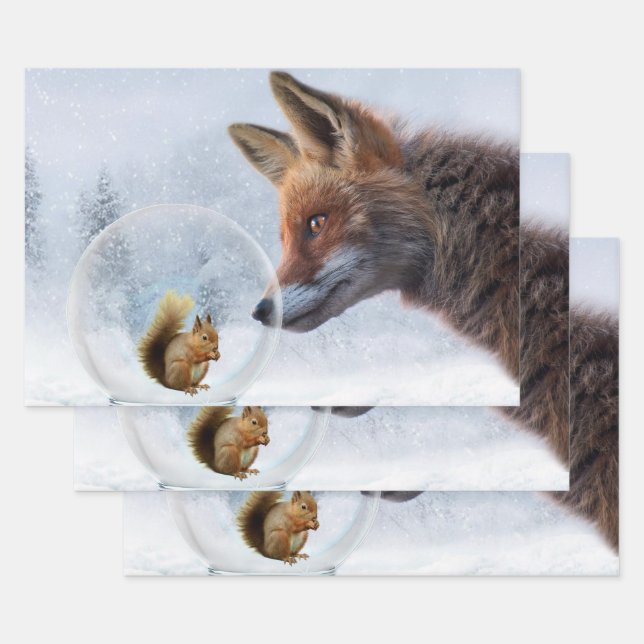 Hoja De Papel De Regalo Fox Squirrel Winter Snow Globe (Set)