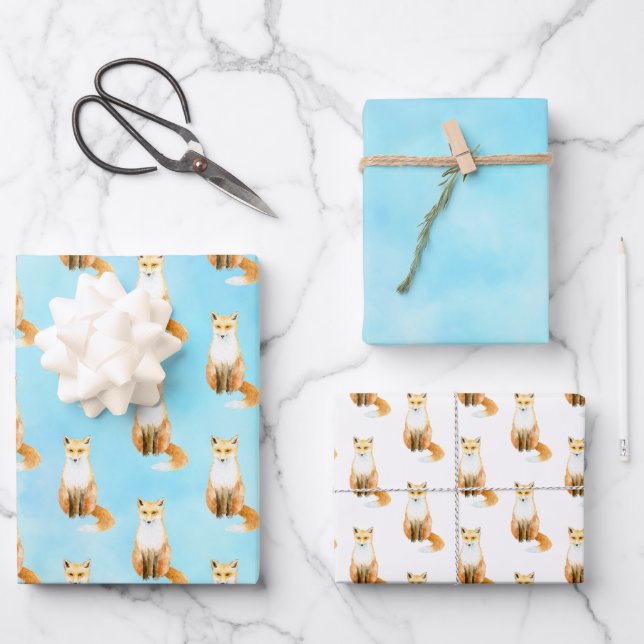 Hoja De Papel De Regalo Foxes Aqua Watercolor (Anverso)