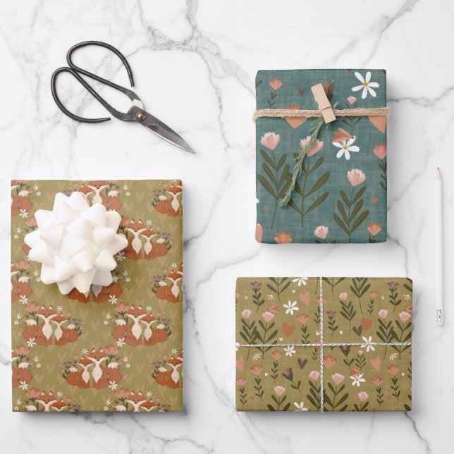 Hoja De Papel De Regalo Foxy Florals Gift Wrap (Anverso)