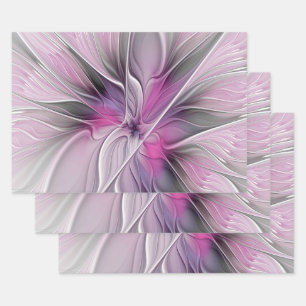 Hoja De Papel De Regalo Fractal Floral Moderno Abstracto Flor Rosa Gris