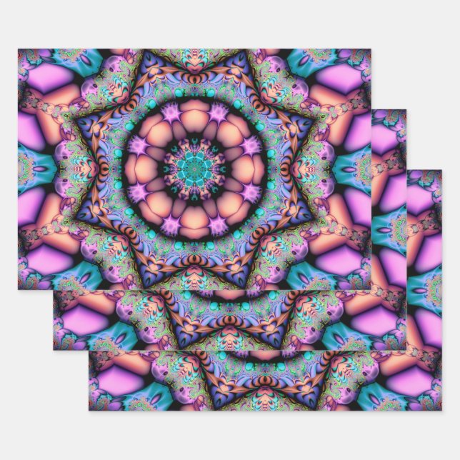 Hoja De Papel De Regalo Fractal Mandala Floral Psicodelia (Set)