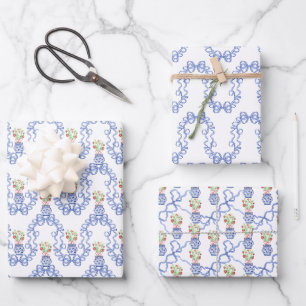 Hoja De Papel De Regalo Frascos Chinoiserie de fresas rojas y remolinos az