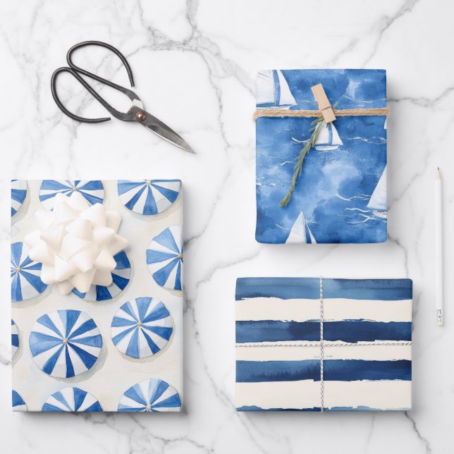 Hoja De Papel De Regalo French Riviera Blue Umbrellas Boats Stripes   (Anverso)