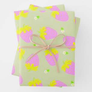 Hoja De Papel De Regalo Fresa Rosa Verde