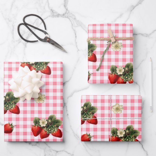 Hoja De Papel De Regalo Fresa y gingham roja sábanas de regalo adorables (Anverso)