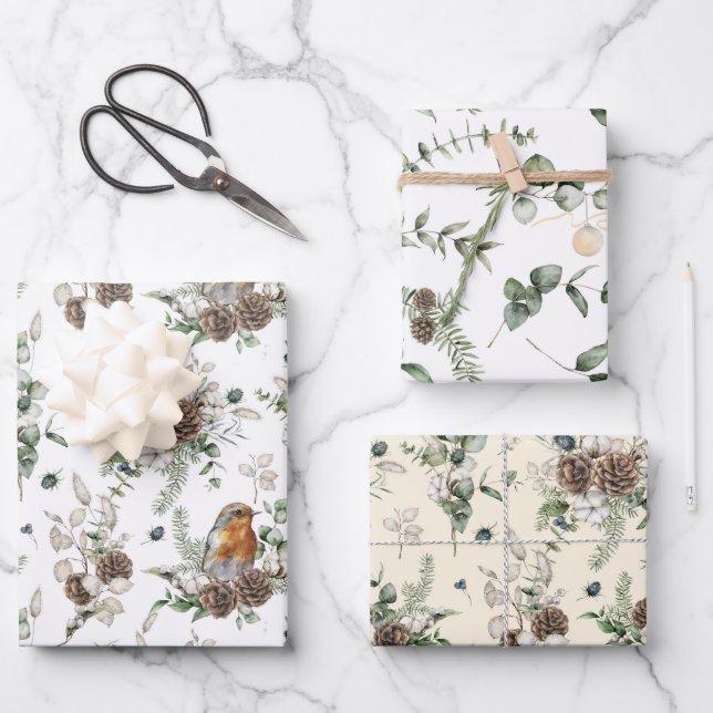 Hoja De Papel De Regalo Fresas de invierno, pineconas y surtido de verdura (Anverso)