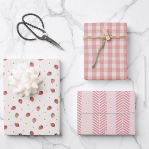 Hoja De Papel De Regalo Fresas Dulces Fresas Cuadros Rosas Margaritas