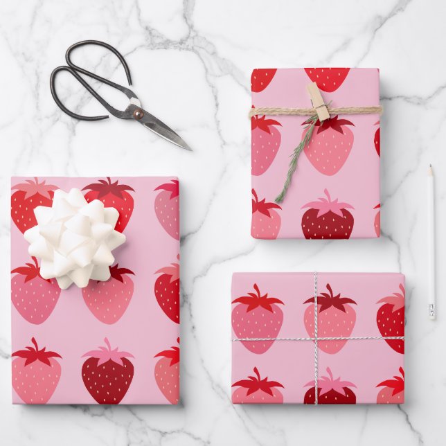 Hoja De Papel De Regalo Fresas Estéticas De Pescado Rosa Y Rojo (Anverso)