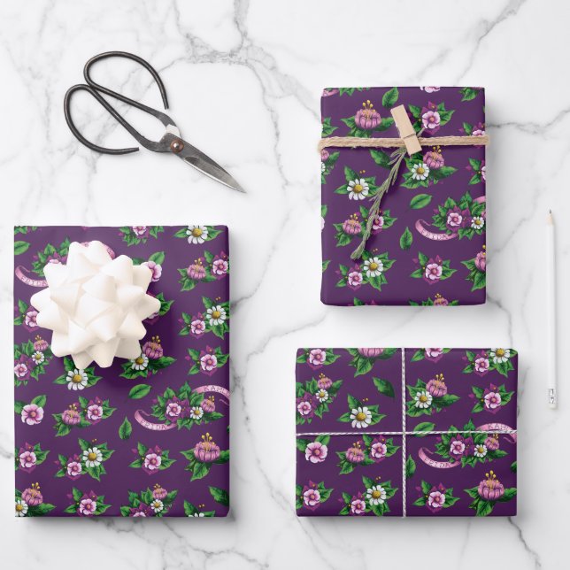 Hoja De Papel De Regalo Frida Kahlo | Purple Floral Bouquet Pattern (Anverso)