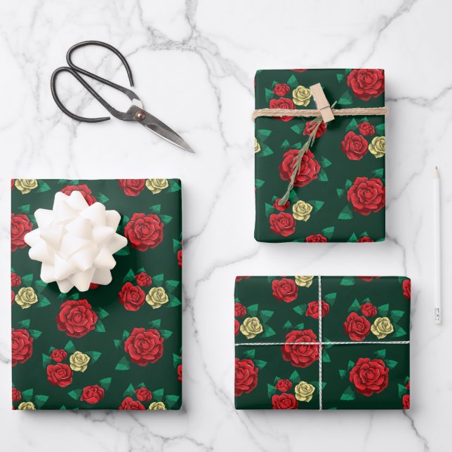 Hoja De Papel De Regalo Frida Kahlo | Red and Gold Rose Pattern (Anverso)