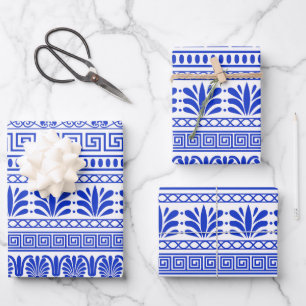 Hoja De Papel De Regalo Friso Griego, Patrón Mediterráneo, Azul