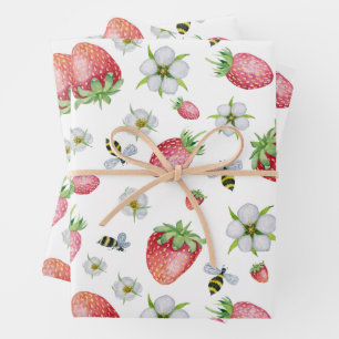 Hoja De Papel De Regalo Fruta de fresa acuarela, abejas y flores