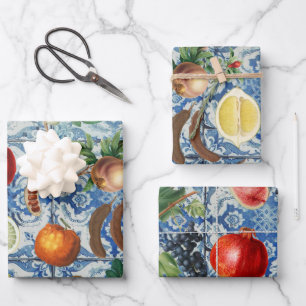 Hoja De Papel De Regalo Fruta mediterránea de verano y mosaico blanco azul