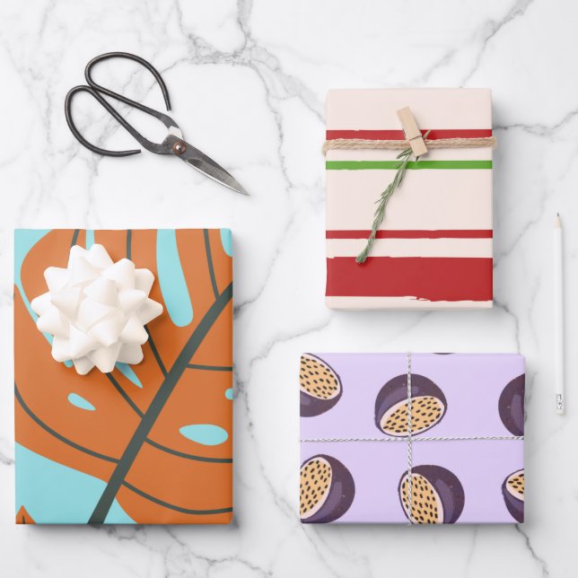 Hoja De Papel De Regalo Frutas de pasión púrpura l Botánico y rayas lindo (Anverso)