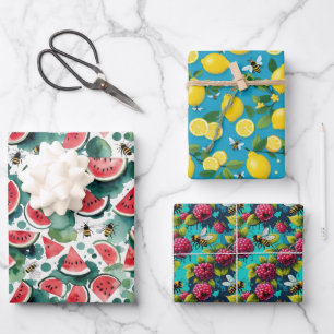 Hoja De Papel De Regalo Frutas Y Abejas Watermelón Lemons & Rasberries