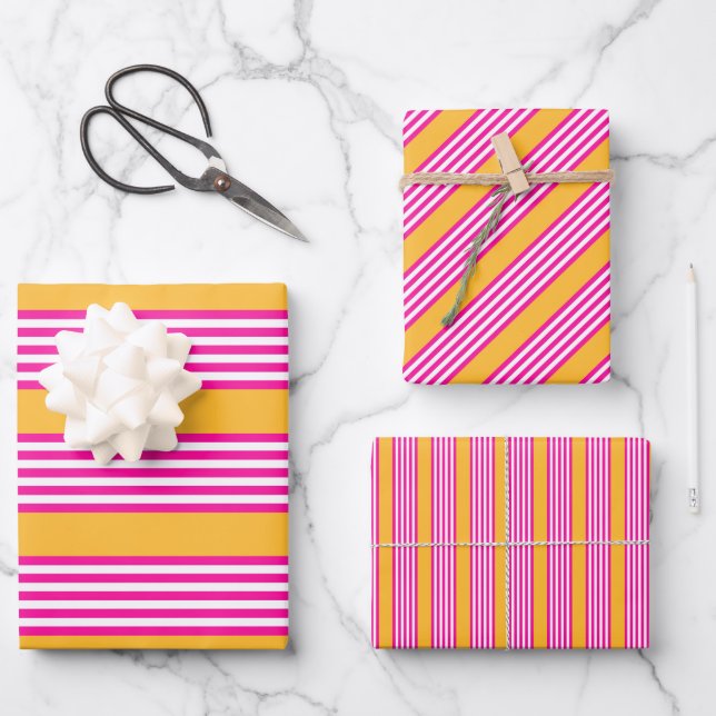 Hoja De Papel De Regalo Fuchsia y amarillo cinco rayas (Anverso)
