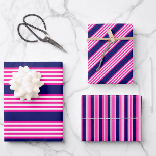 Hoja De Papel De Regalo Fuchsia y cinco rayas blancas con azul
