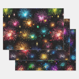 Hoja De Papel De Regalo Fuegos artificiales elegantes de arcoíris sobre fo