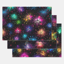 Hoja De Papel De Regalo Fuegos artificiales elegantes de arcoíris sobre fo