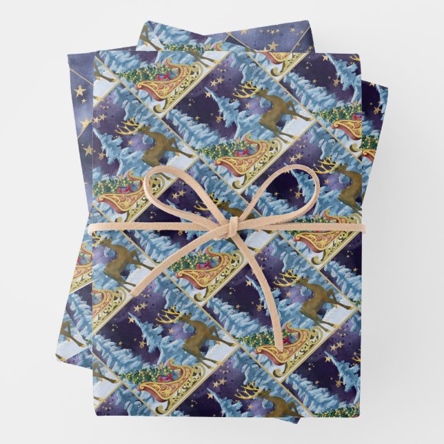 Hoja De Papel De Regalo Full Moon Over Reindeer With Sleigh (In situ)