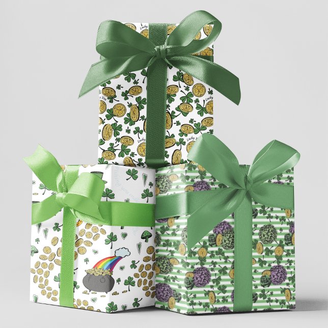 Hoja De Papel De Regalo Fun Artsy Irlandés Shamrock Rainbow Leprechaun Gre (A festive and happy set of 3 uniqueSt Patricks Day wrapping paper sheets. Illustrated in black ink. )