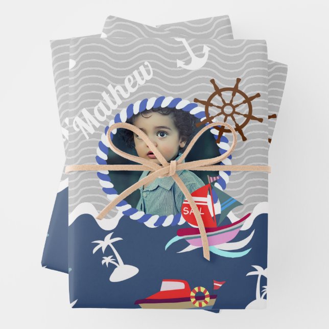 Hoja De Papel De Regalo Fun Bots Foto Gray Blue (In situ)