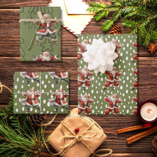 Hoja De Papel De Regalo Fun Green Vintage Dancing Santa Claus