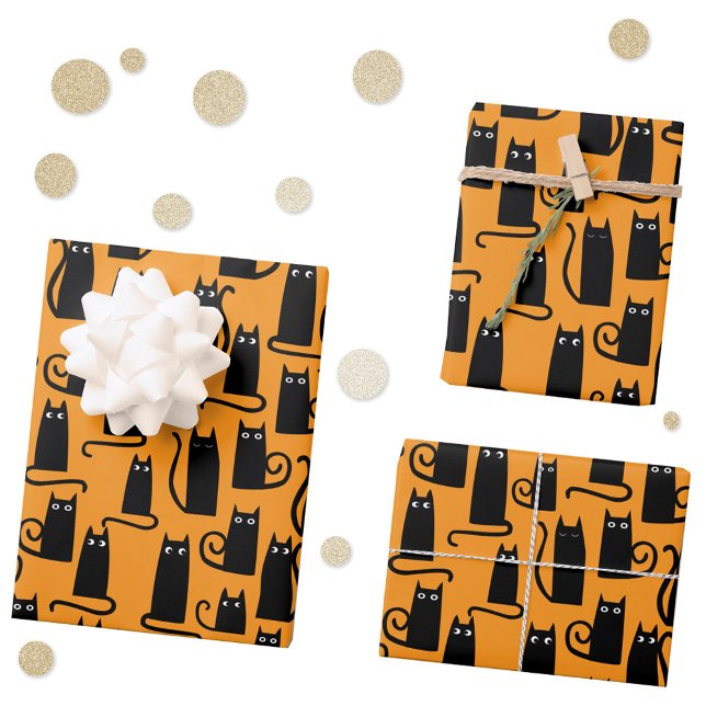 Hoja De Papel De Regalo Fun Halloween Black Cat Naranja (Fun Halloween black cat pattern gift wrap with art by NicSquirrell )
