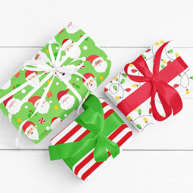 Hoja De Papel De Regalo Fun moderno Santa Stripes y Navidades Luces Lime (Subido por el creador)