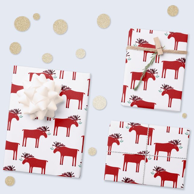 Hoja De Papel De Regalo Funny Moose Holiday rojo y blanco (Funny moose or elk pattern red and white gift wrapping paper sheets)