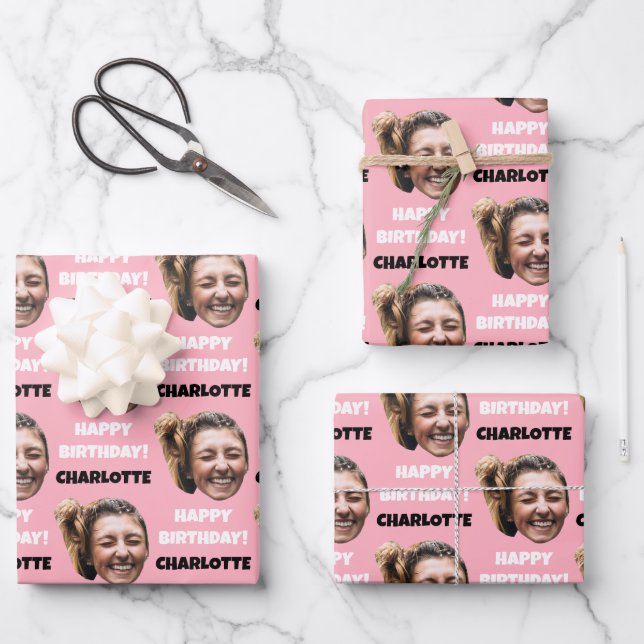 Hoja De Papel De Regalo Funny Personalizado Rosa Face Photo Happy Birday (Anverso)