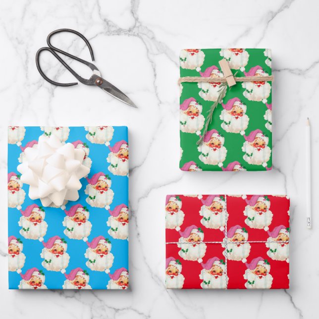 Hoja De Papel De Regalo Funny Retro Blue Santa Claus Rojo Navidades (Anverso)