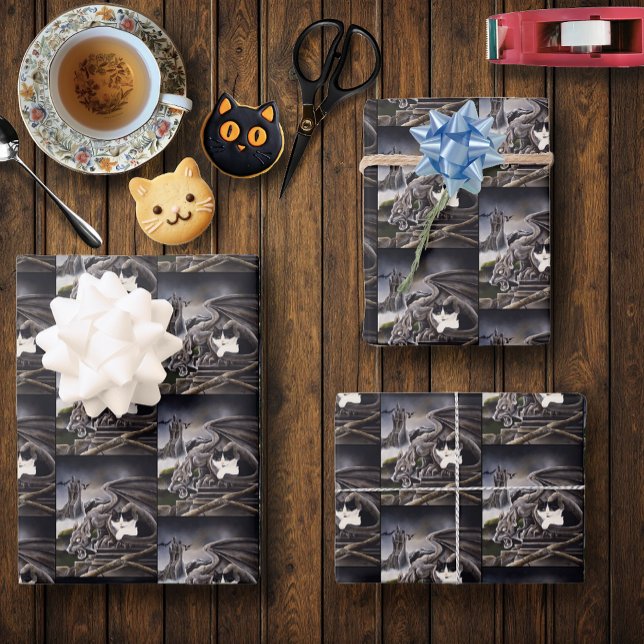 Hoja De Papel De Regalo Gargoyle de gato blanco negro (Subido por el creador)
