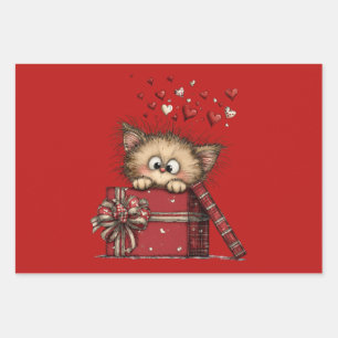 Hoja De Papel De Regalo Gatito de dibujos animados lindo en una caja con c