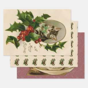 Hoja De Papel De Regalo Gatito Victoriano de Navidad en Tabby Antiguo de A