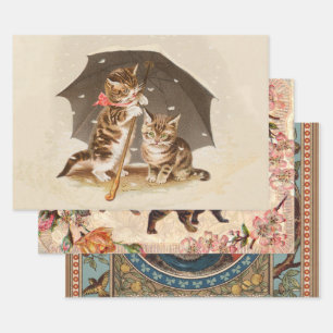 Hoja De Papel De Regalo Gatitos antiguos bajo paraguas arte de gato antigu