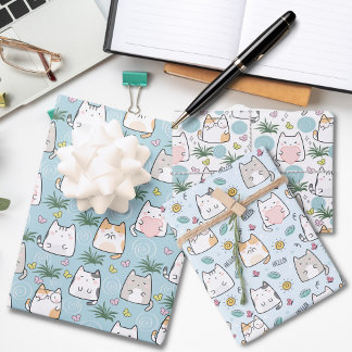 Hoja De Papel De Regalo Gato Adorable Amor Azul Tema