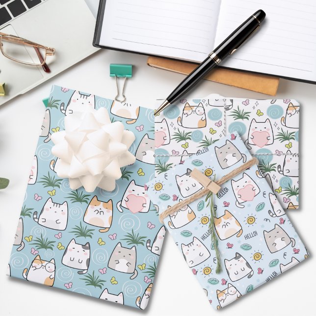 Hoja De Papel De Regalo Gato Adorable Amor Azul Tema (Subido por el creador)